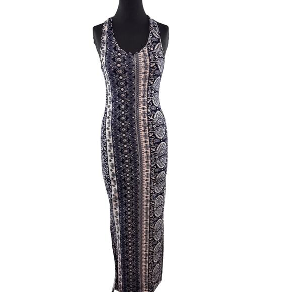 Hot Kiss Navy White Maxi Tank Dress Paisley Stretch Scoop Neck Size Medium M - Picture 1 of 4